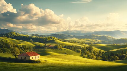 Wall Mural - A scenic view of a countryside landscape with a house in the foreground, rolling hills, and a beautiful sky.