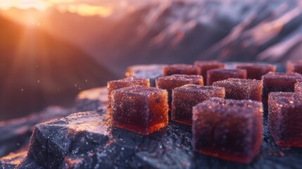 A composition of sugar-coated jelly cubes from Shilajit, glistening in the soft evening sunlight against the backdrop of the Himalayan mountains. The glowing light creates a magical.