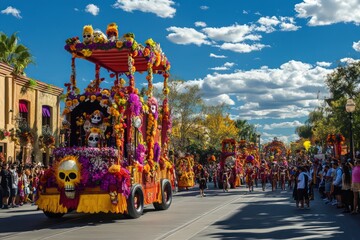 A Dia de Muertos parade with colorful floats. 