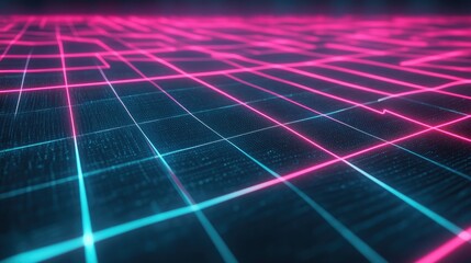 Wall Mural - A digital grid with neon lines crisscrossing, illustrating the connection of technology systems and modern networks.