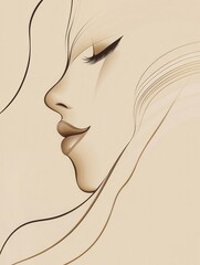 Aufkleber - Curved lines intertwine to form the elegant profile of a female face, showcasing tranquility and artistic expression in soft tones. Generative AI