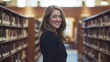 © Mohammed - Young woman smiles in a library aisle, bookshelves lining the walls behind her.