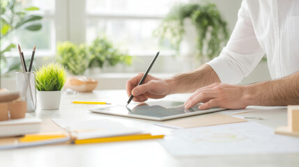 Creating digital design on tablet, person focuses intently while surrounded by greenery and office supplies, showcasing modern workspace