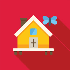 Canvas Print - Minimalist illustration featuring a yellow countryside house standing on a red background with a blue butterfly