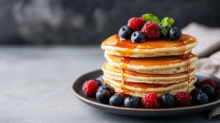 Stack of Fluffy Pancakes Topped with Maple Syrup and Fresh Berries on a Breakfast Table