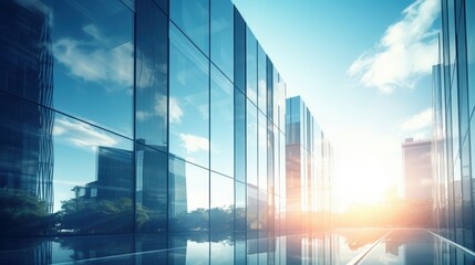 Wall Mural - Modern office building or business center. High-rise window buildings made of glass reflect the clouds and the sunlight. empty street outside  wall modernity civilization. growing up business