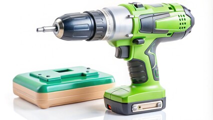 A green cordless drill and its battery pack on a white background.