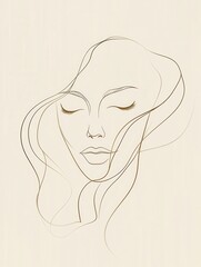 Poster - The artwork showcases an elegant outline of a female face, with soft, flowing lines illustrating her serene expression. Generative AI