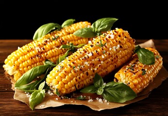 Wall Mural - Grilled corn on the cob with basil and salt.