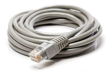 Close-up of a gray network cable with a molded RJ45 plug at the end, coiled and bent, isolated on a white background with slight shadows.