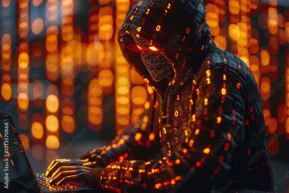 Hacker team silhouettes in cyber background with laptops and binary ...