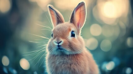 The image shows a close-up of a cute brown rabbit with large ears, with a softly blurred green background suggesting a natural environment.