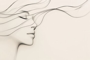 Wall Mural - This artwork showcases an elegant outline of a female face formed by flowing lines, expressing a sense of calm and introspection in soft hues. Generative AI