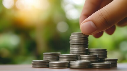 Hand putting silver money coin stack for business growing on blur background. AI generated image