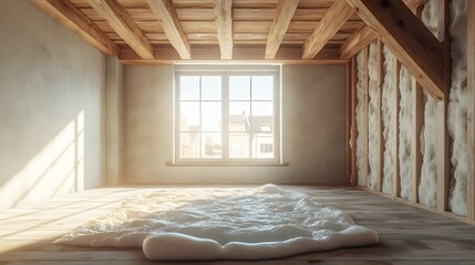 Poster - The interior of an unfinished room features exposed wooden beams and raw building materials with natural light streaming through, conveying a warm and inviting home renovation concept.