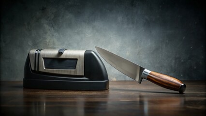 A kitchen knife and sharpener on a wooden table.