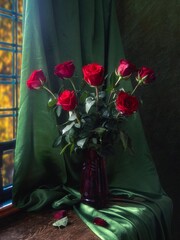 Wall Mural - Still life with bouquet of red roses in a vase