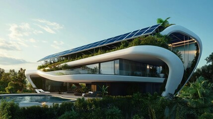 Wall Mural - Modern Sustainable Home with Solar Panels, Green Roof, and Infinity Pool