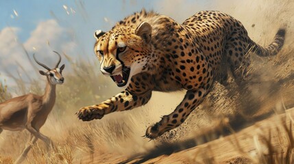 Sticker - A Cheetah in Pursuit, Leaving a Trail of Dust as It Chases a Gazelle