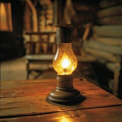 A classic oil lamp glowing softly on a wooden table, casting a warm, nostalgic light in a rustic cabin setting