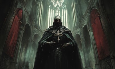 Wall Mural - Dark cloaked figure stands in a gothic cathedral.