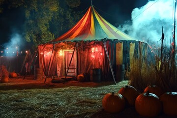 A haunted carnival tent with mysterious attractions.