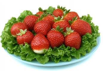 Poster - A plate of fresh red strawberries with lettuce.