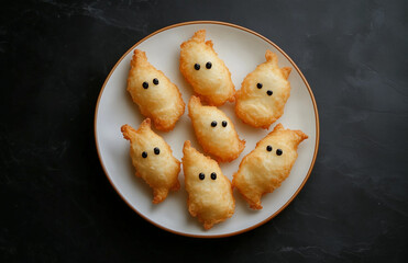 plate with Halloween-themed food on it, , a dark grey background.Minimal creative holiday food concept.Flat lay	
