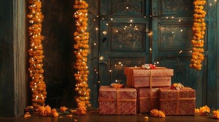 Intricately wrapped Diwali gift boxes on a polished wooden table, with a backdrop of twinkling fairy lights and marigold garlands hanging on a doorway. Copy space, happy Diwali background, 