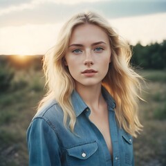 Portrait of a beautiful natural brunette woman with blue eyes and blonde hair, in a soft outdoor light at sunset