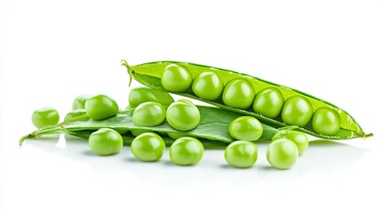 A cluster of fresh green pea seeds displayed on a clean white background, with light reflections.