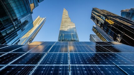 A modern cityscape featuring solar panels and skyscrapers.