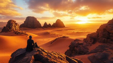 Canvas Print - A lone figure sits atop a rocky outcrop overlooking a vast, orange desert landscape at sunset.