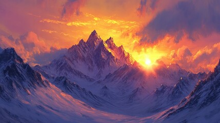 Wall Mural - Majestic Mountain Range Bathed in Golden Sunset Light