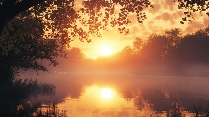 Poster - A Silhouetted Tree Branch Over a Tranquil Sunset Lake