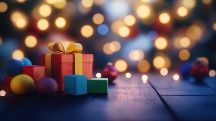 Beautifully wrapped gift boxes in various colors with shiny bows and ribbons placed on a rustic wooden table surrounded by a dazzling array of festive bokeh lights creating a warm