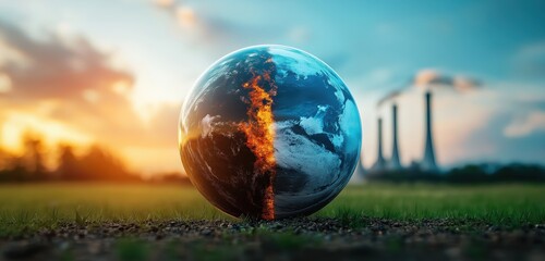 Burning Earth Globe on Grassy Field with Smoky Factory at Sunset   Environmental Crisis and Sustainability Concept