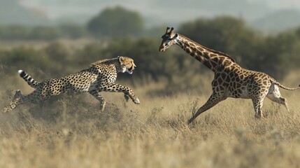 Sticker - A Cheetah Chases a Giraffe Through Tall Grass in the African Savanna