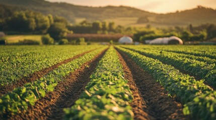 Poster - Rows of Green Crops Growing in a Field at Sunset