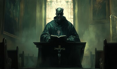 Wall Mural - Demonic priest reads book in church.