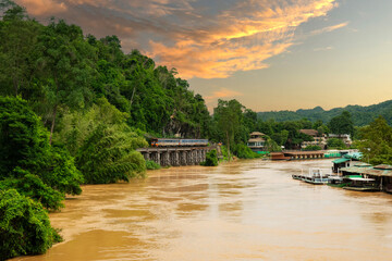 The Death Railway crossing kwai river with Krasae Cave in Kanchanaburi Thailand Important landmark and destination to visiting and world war II history builted