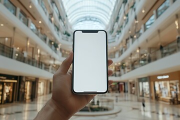 Hand holding a smartphone with blank screen in front of a blurred shopping mall background.