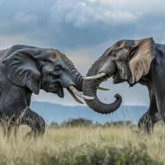 Poster - Two African Elephants in a Confrontational Posture