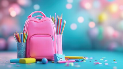 Vibrant and colorful image of a stylish pink backpack filled with an assortment of school supplies stationery and creative tools  The image conveys the concept of education organization