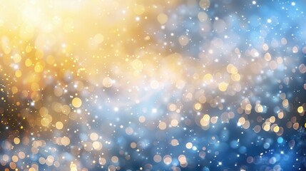 A shimmering, out-of-focus background with golden glitter and glowing bokeh lights in shades of white and blue.