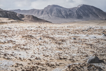 Wall Mural - Panoramic landscape of textured Tien Shan mountains in Pamir in Tajikistan, panoramic landscape of a mountain range with snow and glaciers in summer