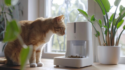 A curious cat observes modern automatic pet feeder placed on wooden table near window, surrounded by lush green plants. scene captures serene moment of pet care and companionship