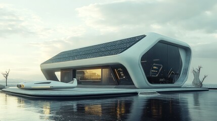 Sticker - Futuristic Modern Home with Solar Panels and a Flying Car