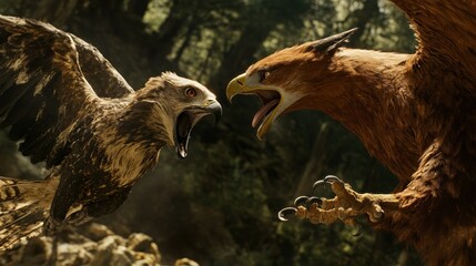 Wall Mural - Two Eagles Confronting Each Other in a Forest