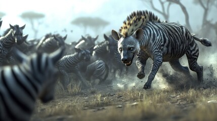 Sticker - Striped Hyena Chasing Zebras in the Savanna